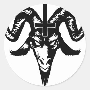 Pegatina Redonda Cabeza satánica de la cabra con la cruz (negro)