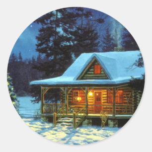 Pegatina Redonda Cabina de invierno navidades