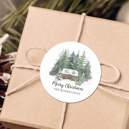 Pegatina Redonda Cabina de Navidades Rústicos de Winter Woodland