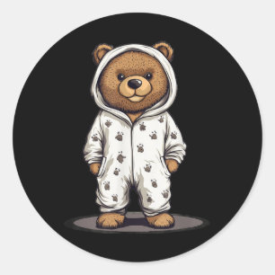 Pegatina Redonda Cabina De Oso De Pajama Cuta Para Pajamas Y Oso De