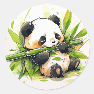 Pegatina Redonda Cables Panda Adorables Comiendo Bamboo Shoots