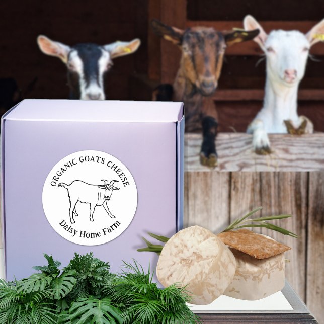 Pegatina Redonda Cabras Queso Nombre comercial Simple Negro y Blanc (Goats cheese custom business name product labels simple black and white cute farm goat drawing)
