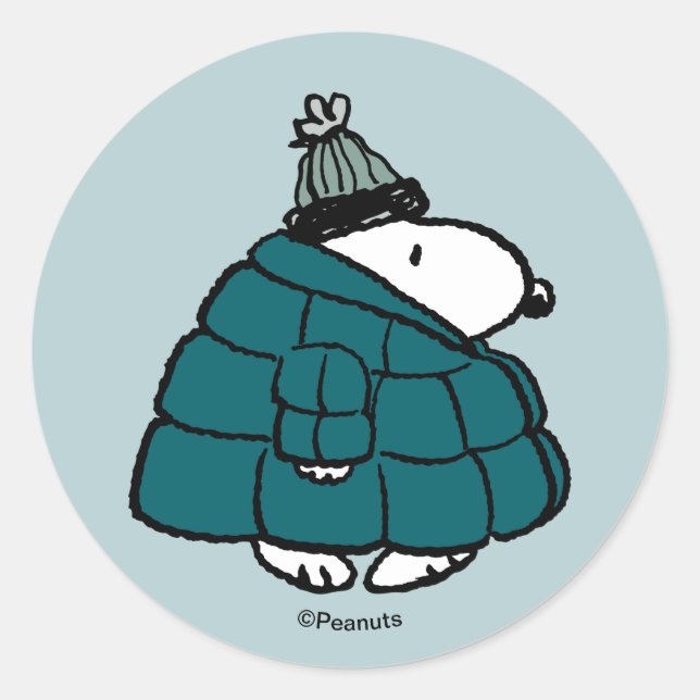Pegatina Redonda Cabrillas | Chaqueta Puffer de Invierno de Snoopy  (Anverso)