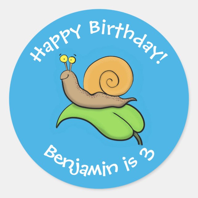 Pegatina Redonda Caca, caracol feliz en un ilustracion personalizad (Anverso)