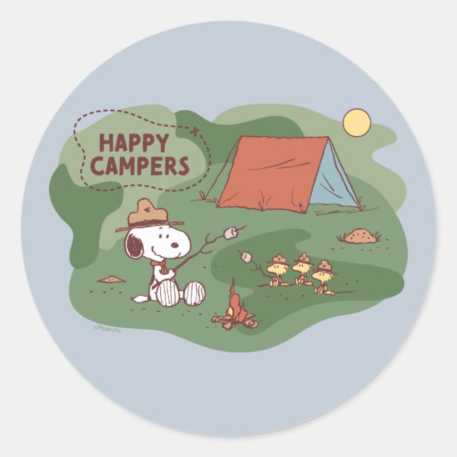 Pegatina Redonda Cacahuetes | Camperas felices Snoopy y Woodstock (Anverso)
