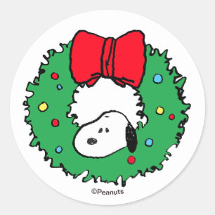 Pegatina Redonda Cacahuetes Corona y lazo de Snoopy de Navidad