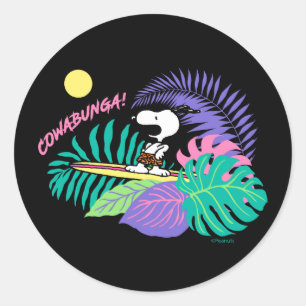 Pegatina Redonda Cacahuetes   Cowabunga Snoopy