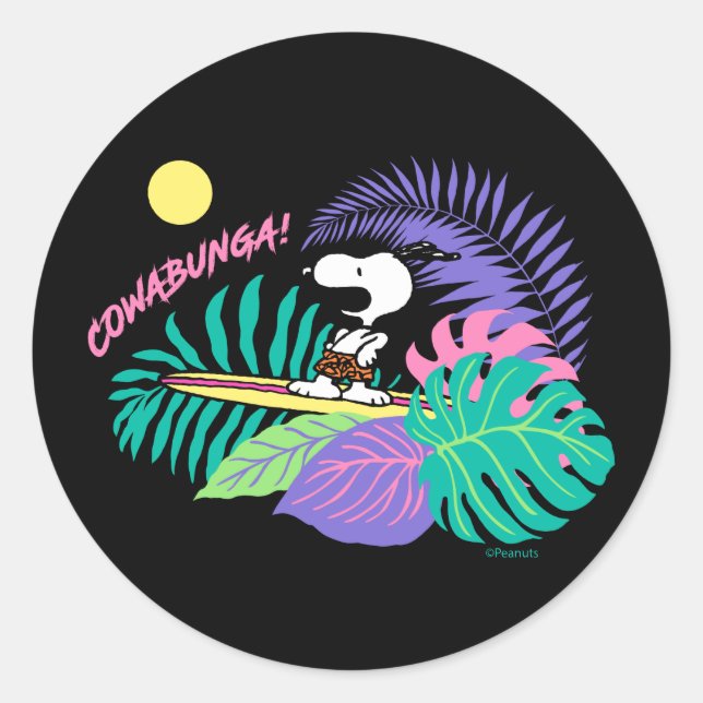 Pegatina Redonda Cacahuetes | Cowabunga Snoopy (Anverso)