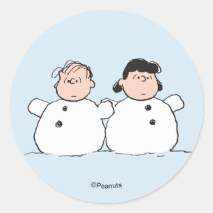 Pegatina Redonda Cacahuetes   Linus y Lucy muñecos de nieve