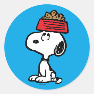 Pegatina Redonda Cacahuetes   Snoopy Balanceando Su Plato De Perro