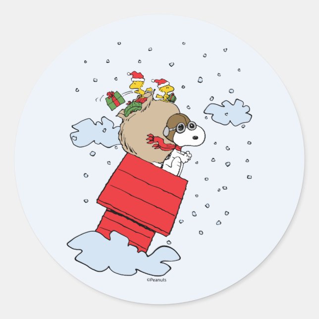 Pegatina Redonda Cacahuetes | Snoopy el hielo volador a los Navidad (Anverso)