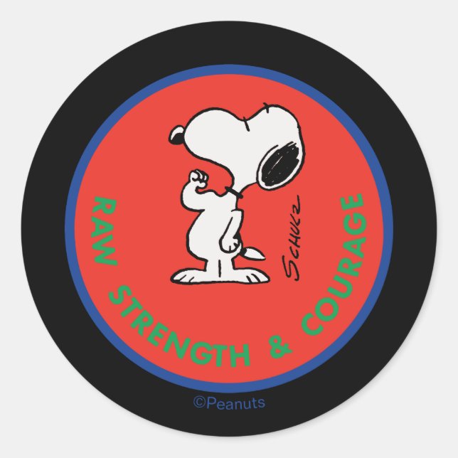 Pegatina Redonda Cacahuetes | Snoopy Raw Strength & Courage Badge (Anverso)