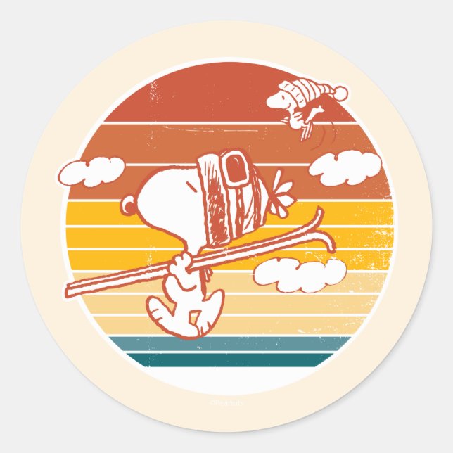 Pegatina Redonda Cacahuetes | Viaje para esquiar Snoopy & Woodstock (Anverso)