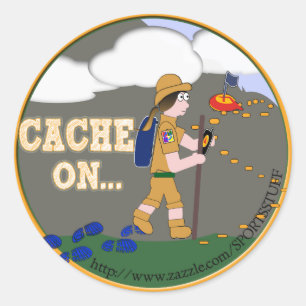 PEGATINA REDONDA ¡CACHÉ! GEOCACHING CHICK CHICA BRUNETTE