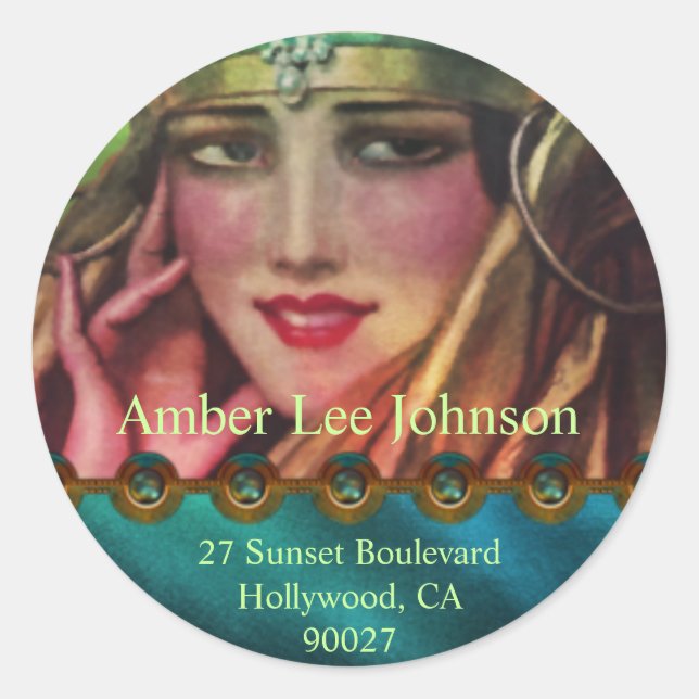 Pegatina Redonda Cachemira de Alkmaar en Aqua y Oro (Anverso)