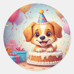 Pegatina Redonda Cachorro Adorable Celebrando Fiesta de Cumpleaños