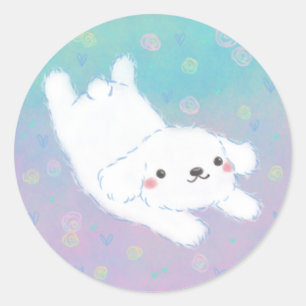 Pegatina Redonda Cachorro Adorable con Flores Pastel