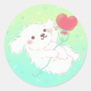 Pegatina Redonda Cachorro Adorable con Globo en Forma de Corazón