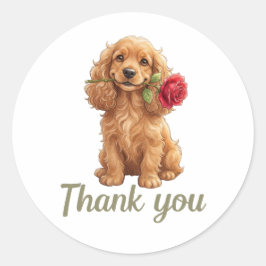 Pegatina Redonda Cachorro adorable de Cocker Spaniel con Rosa Roja 