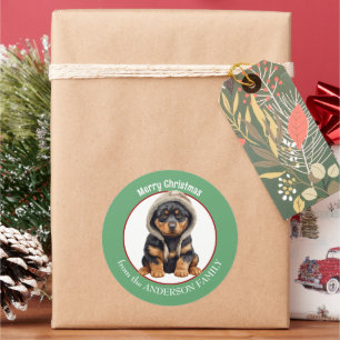 Pegatina Redonda Cachorro adorable de Rottweiler en Navidades Gorra