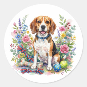 Pegatina Redonda Cachorro Beagle Adorable en Flores con Acuarela