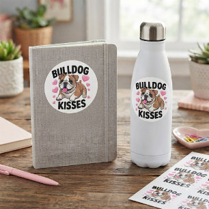Pegatina Redonda Cachorro Bulldog Adorable Besos Corazón Rosa Amor