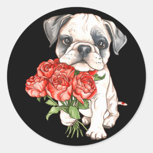 Pegatina Redonda Cachorro bulldog adorable de acuarela sosteniendo