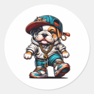 Pegatina Redonda Cachorro Bulldog de Streetwear – Diseño Urbano Gen