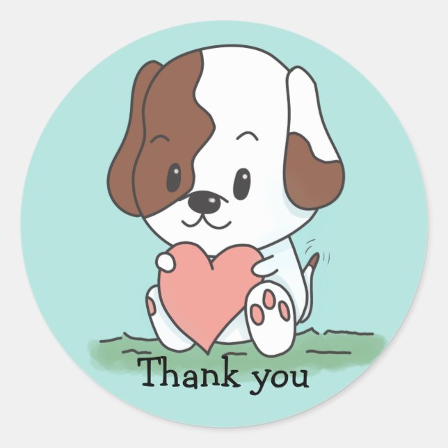 Pegatina Redonda Cachorro Con Corazón Gracias (Anverso)