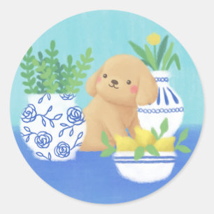 Pegatina Redonda Cachorro con plantas, leones y flores