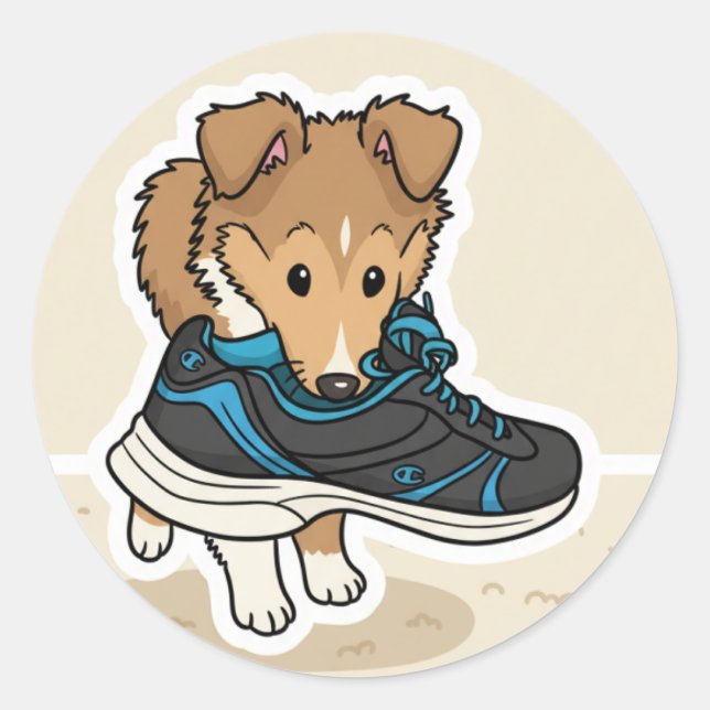 Pegatina Redonda Cachorro con zapato (Anverso)