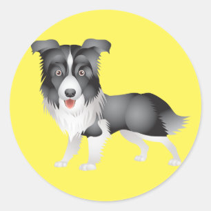 Pegatina Redonda Cachorro de Border Collie negro y blanco Amarillo