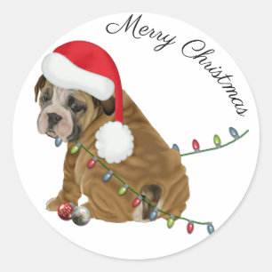 Pegatina Redonda Cachorro de Bulldog Inglés Navidad