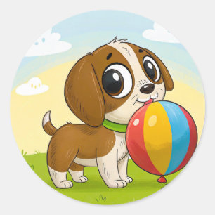 Pegatina Redonda cachorro de dibujos animados sosteniendo una pelot