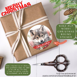 Pegatina Redonda Cachorro de Lobo Feliz Navidad Sticker