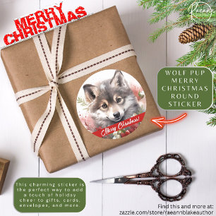 Pegatina Redonda Cachorro de Lobo Feliz Navidad Sticker