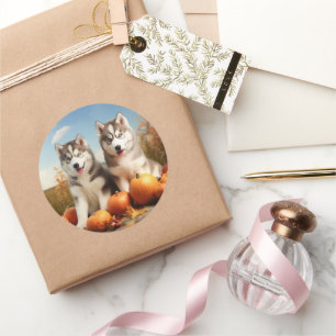 Pegatina Redonda Cachorro de Malamute de Alaska Otoño Delicia Calab