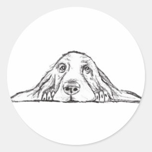 Pegatina Redonda cachorro de ojos simples negro y blanco de basset