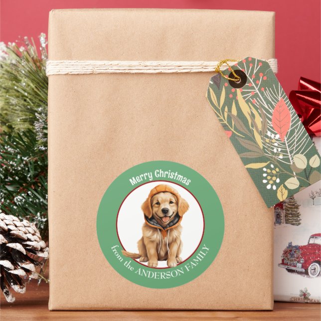 Pegatina Redonda Cachorro de oro en Navidades Gorras de invierno (Vacaciones)