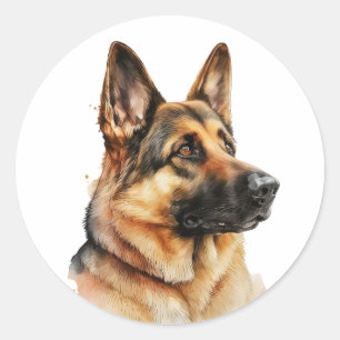 Pegatina Redonda Cachorro de pastor alemán adorable acuarela perro 