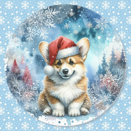 Pegatina Redonda Cachorro De Santa Corgi En Agua De Nieve De Invier