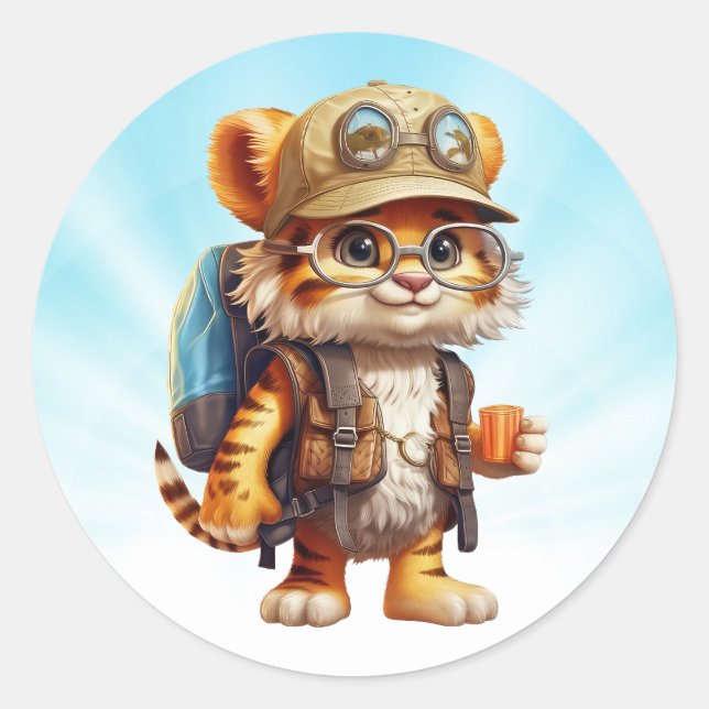 Pegatina Redonda Cachorro de Tigre Alegre con mochila y café (Anverso)