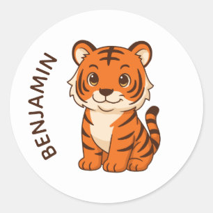 Pegatina Redonda Cachorro de Tigre Lindo Nombre Personalizado