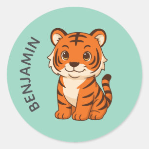 Pegatina Redonda Cachorro de Tigre Lindo Nombre Personalizado Verde