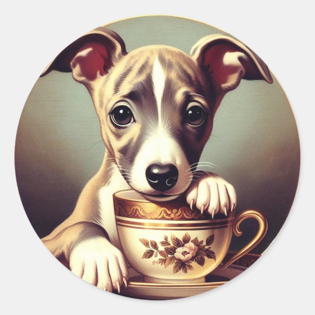 Pegatina Redonda Cachorro de Whippet (Anverso)