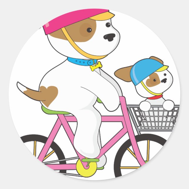 Pegatina Redonda Cachorro en bicicleta (Anverso)