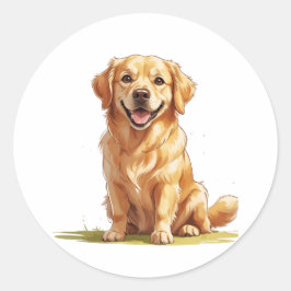 Pegatina Redonda Cachorro Golden Retriever Adorable en Césped