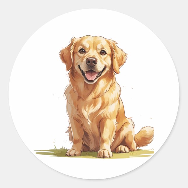 Pegatina Redonda Cachorro Golden Retriever Adorable en Césped  (Anverso)