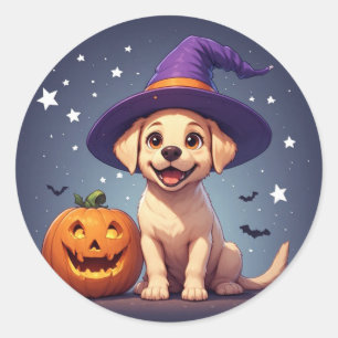 Pegatina Redonda Cachorro Labrador Bruja junto a Calabaza Halloween