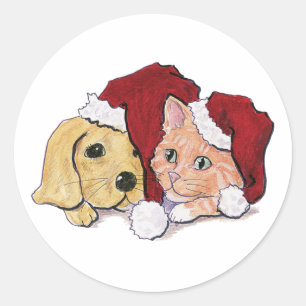 Pegatina Redonda Cachorro labrador navideño adorable y gato atigrad